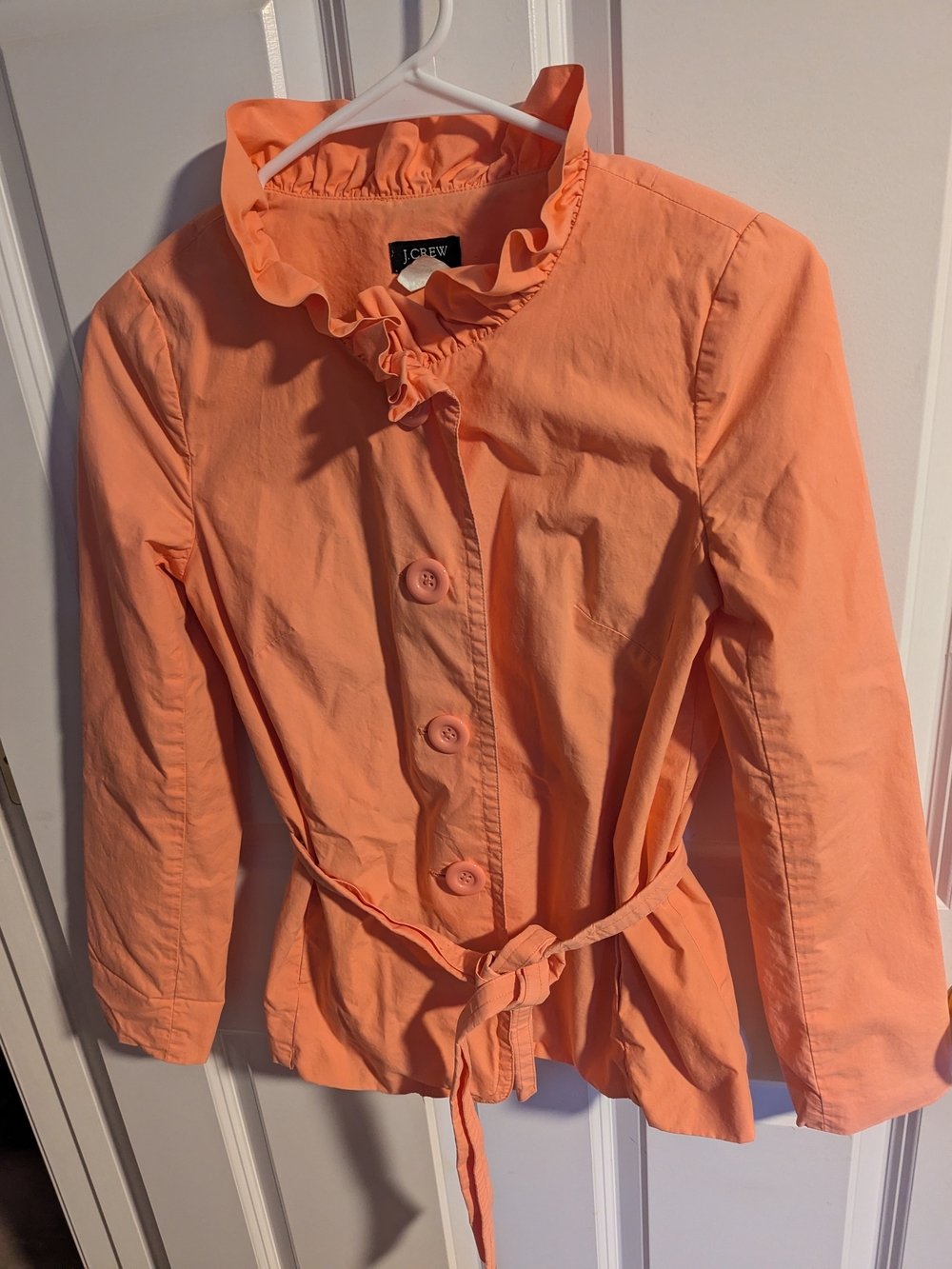J. Crew Peach Ruffle-Neck Belted Cotton Jacket